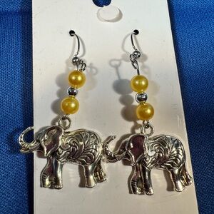 Silver Elephant Dangle Earrings with Yellow Beads